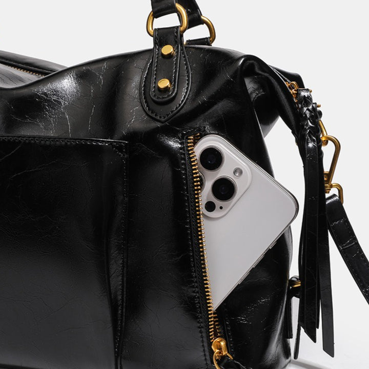 French Style Slouchy Genuine Leather Crossbody Tote Bag