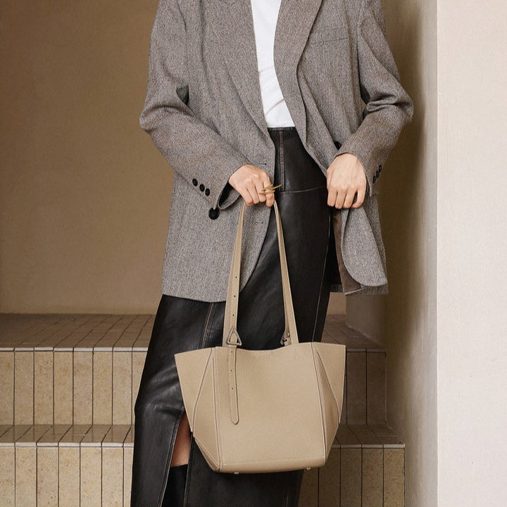 Women's Elegant Camel Textured Leather Shoulder Tote
