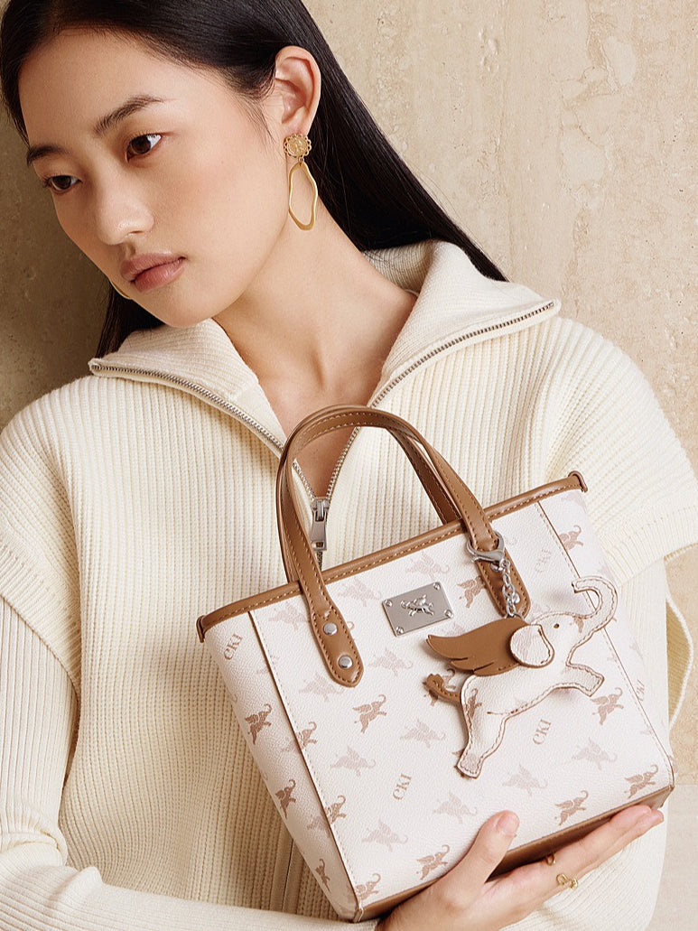 Retro Monogram Flying Elephant Versatile Tote Crossbody Handbag with Charm