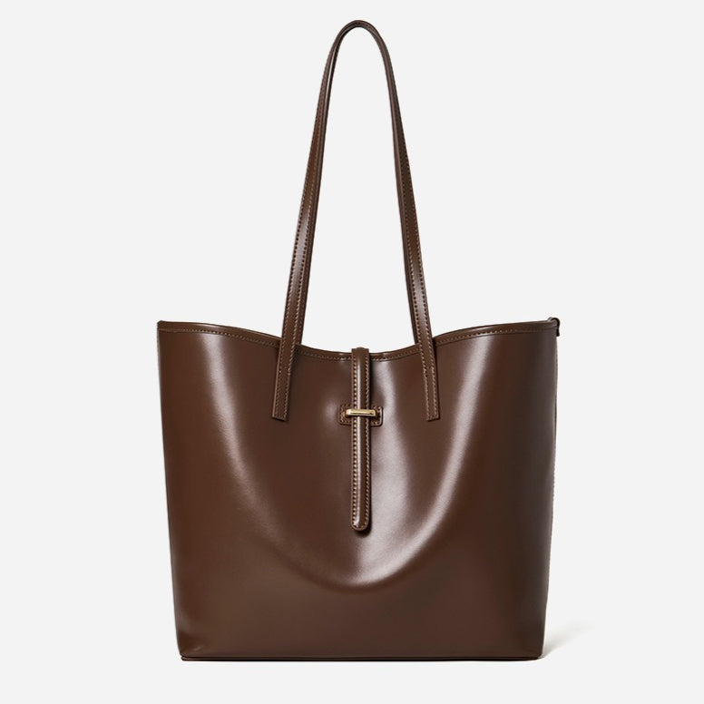 Spacious Plain Genuine Leather Tote Set Minimalist Shoulder Bag
