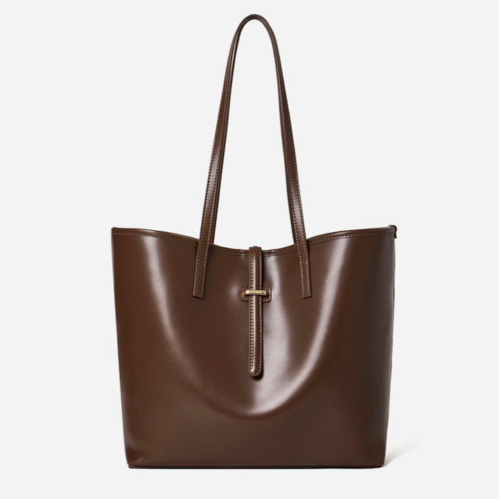 Spacious Plain Genuine Leather Tote Set Minimalist Shoulder Bag