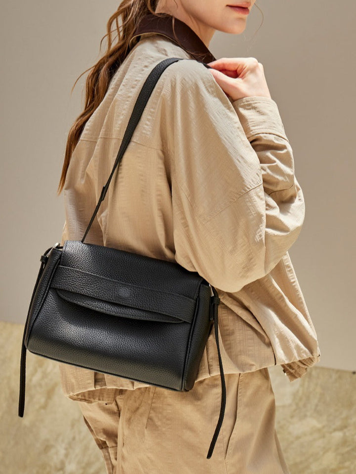 The Lychee Grain Genuine Leather Flap Crossbody Bag with Adjustable Strap