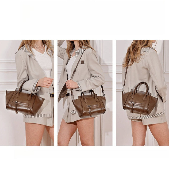 Maillard Style Genuine Leather Smile Flap Satchel Crossbody Bag
