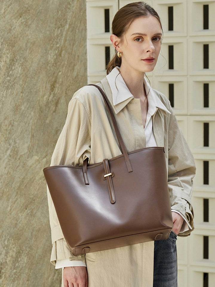 Spacious Plain Genuine Leather Tote Set Minimalist Shoulder Bag