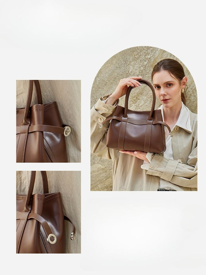 Italian Luxury Plain Genuine Leather Cowhide Large Tote Crossbody Bag