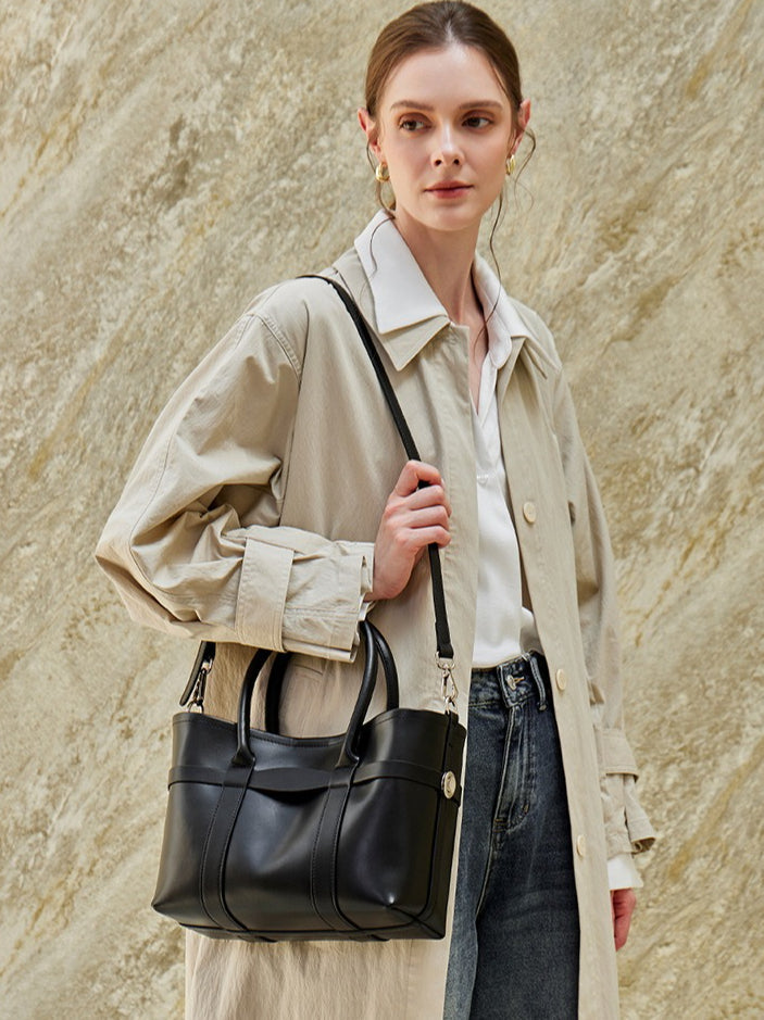 Italian Luxury Plain Genuine Leather Cowhide Large Tote Crossbody Bag