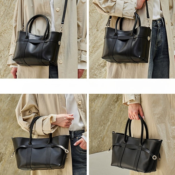 Italian Luxury Plain Genuine Leather Cowhide Large Tote Crossbody Bag