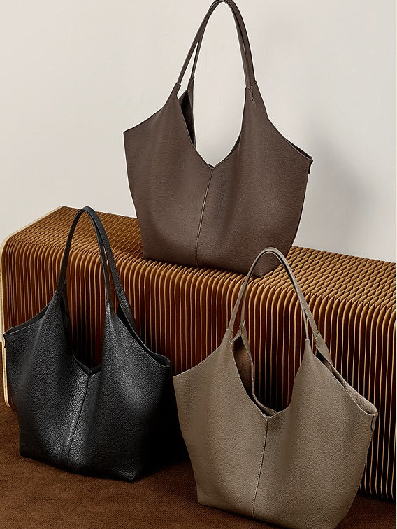 The Ethereal V-Cut Genuine Leather Bag | Minimalist Pebbled Hobo Tote
