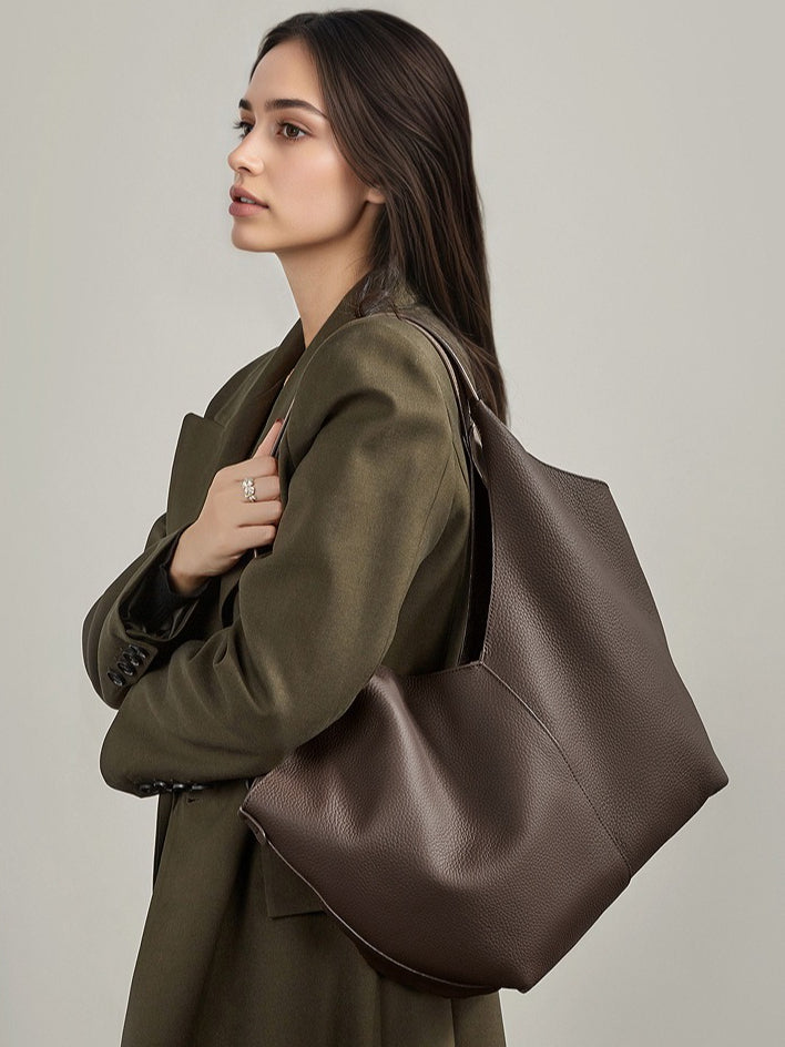 The Ethereal V-Cut Genuine Leather Bag | Minimalist Pebbled Hobo Tote