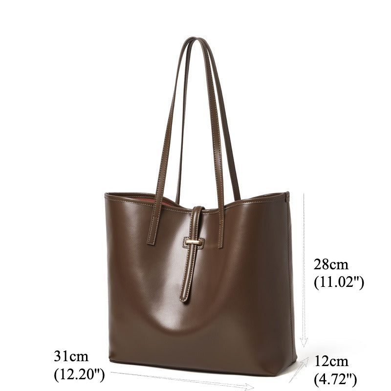 Spacious Plain Genuine Leather Tote Set Minimalist Shoulder Bag