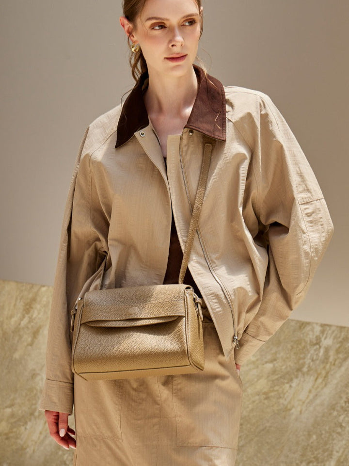 The Lychee Grain Genuine Leather Flap Crossbody Bag with Adjustable Strap