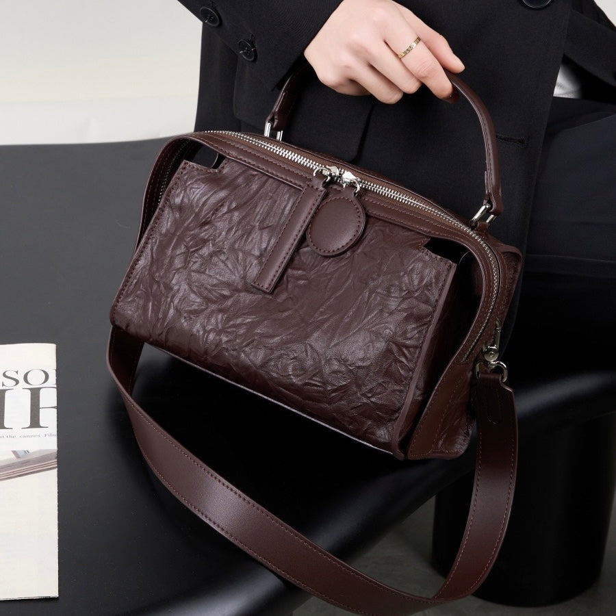 Women’s Genuine Leather Crinkled Boston Bag – Soft Shine Handheld & Crossbody