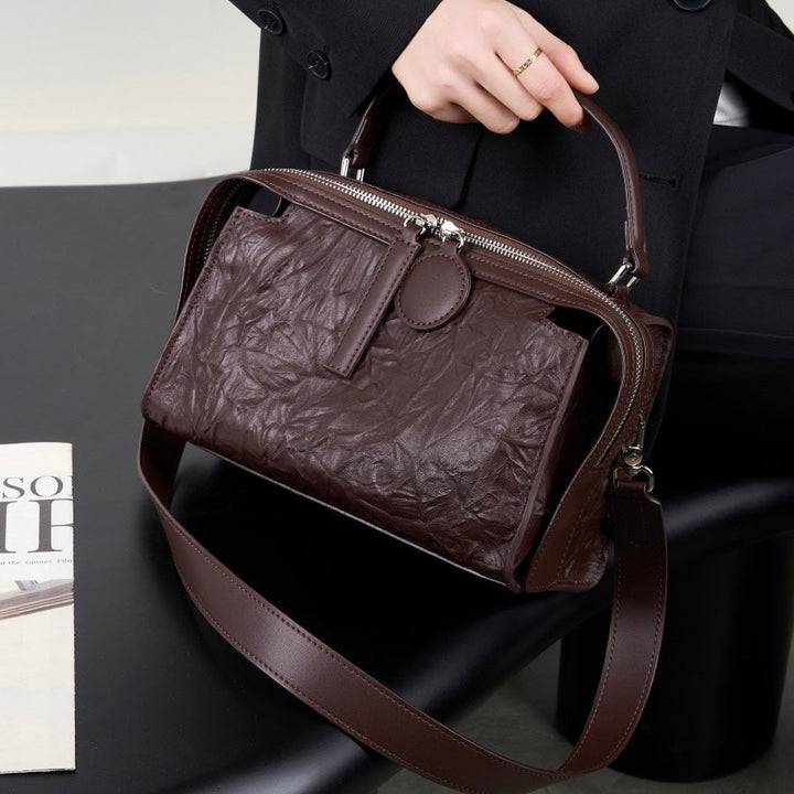Women’s Genuine Leather Crinkled Boston Bag – Soft Shine Handheld & Crossbody