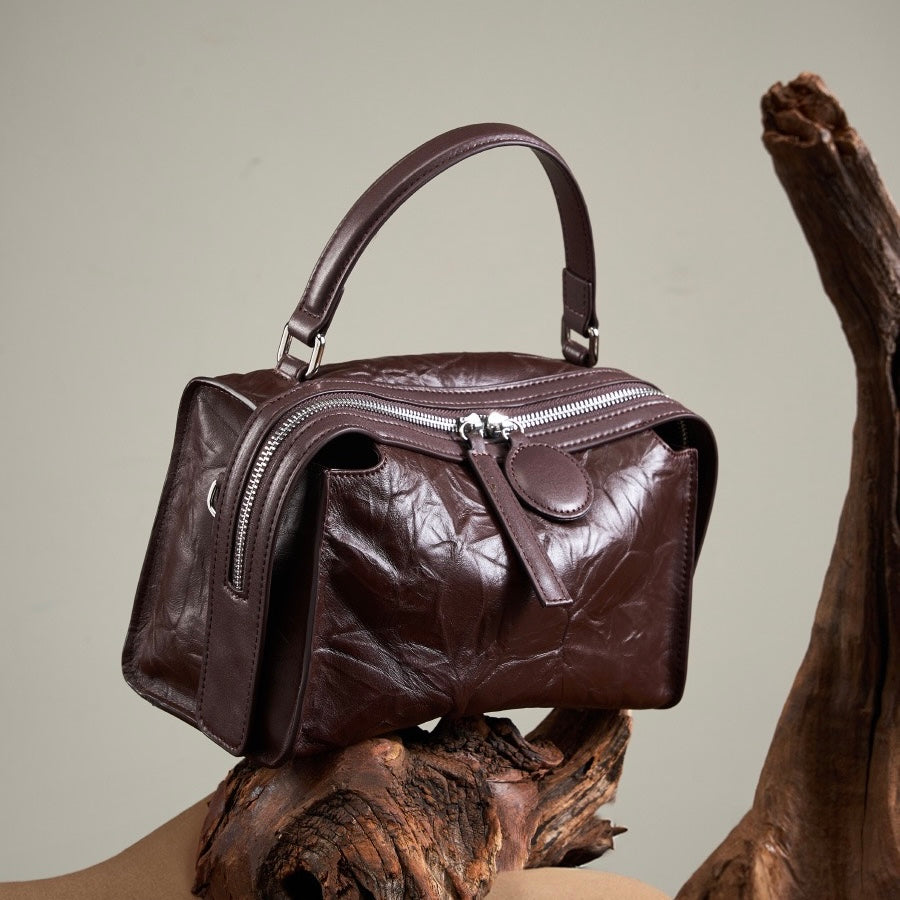 Women’s Genuine Leather Crinkled Boston Bag – Soft Shine Handheld & Crossbody
