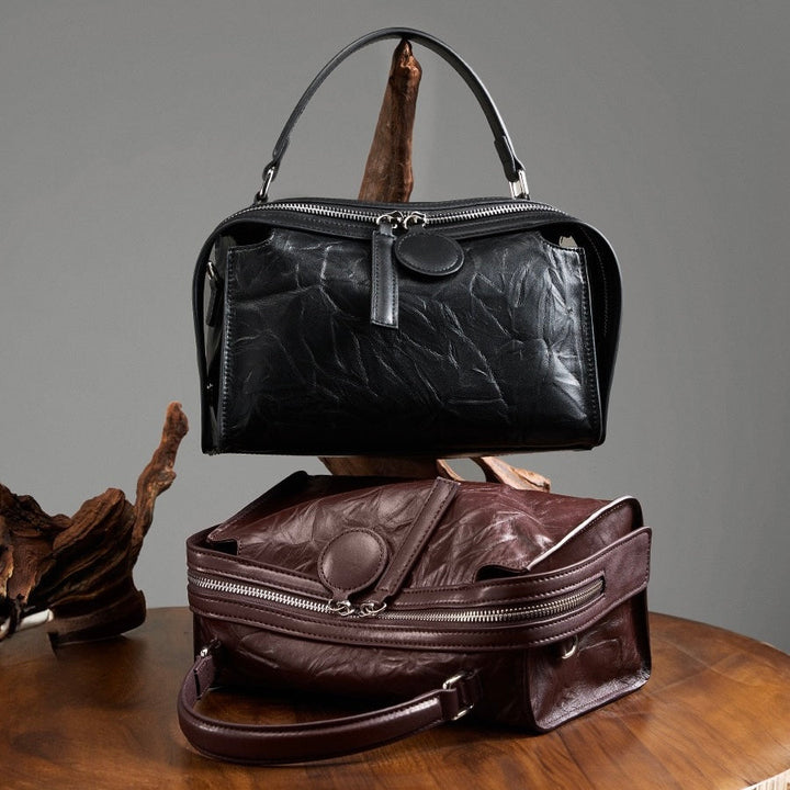 Women’s Genuine Leather Crinkled Boston Bag – Soft Shine Handheld & Crossbody