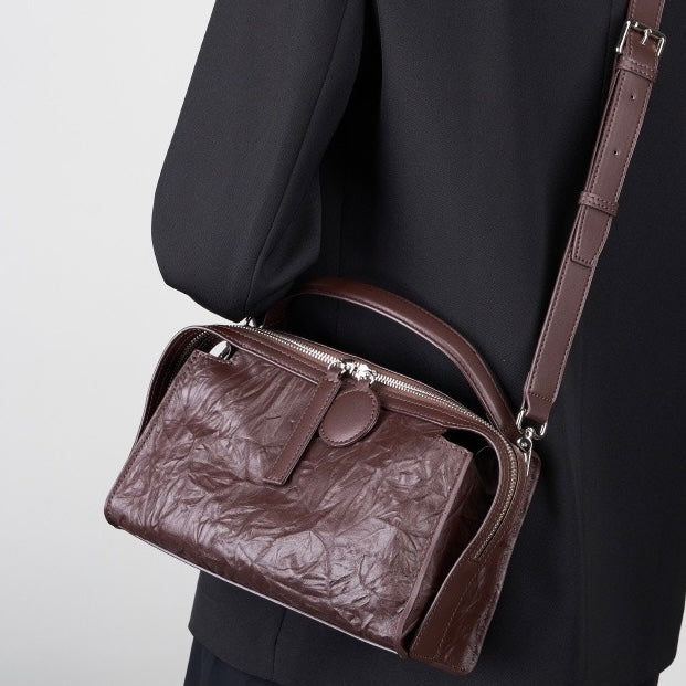 Women’s Genuine Leather Crinkled Boston Bag – Soft Shine Handheld & Crossbody