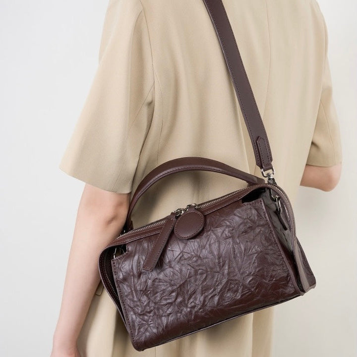 Women’s Genuine Leather Crinkled Boston Bag – Soft Shine Handheld & Crossbody