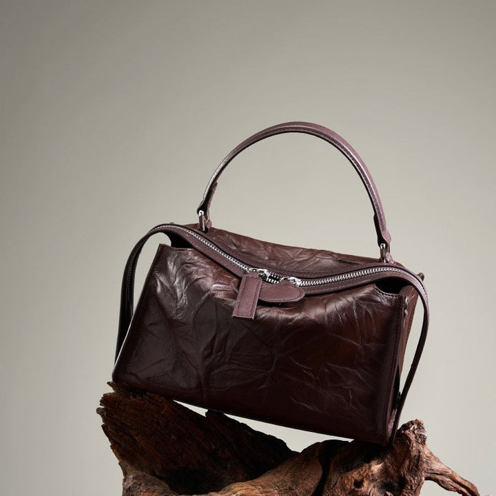 Women’s Genuine Leather Crinkled Boston Bag – Soft Shine Handheld & Crossbody
