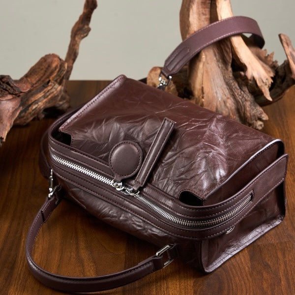 Women’s Genuine Leather Crinkled Boston Bag – Soft Shine Handheld & Crossbody
