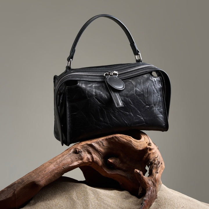 Women’s Genuine Leather Crinkled Boston Bag – Soft Shine Handheld & Crossbody