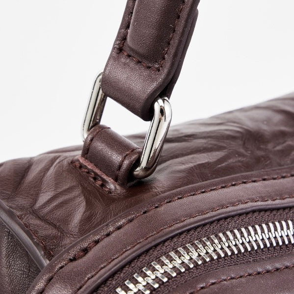 Women’s Genuine Leather Crinkled Boston Bag – Soft Shine Handheld & Crossbody