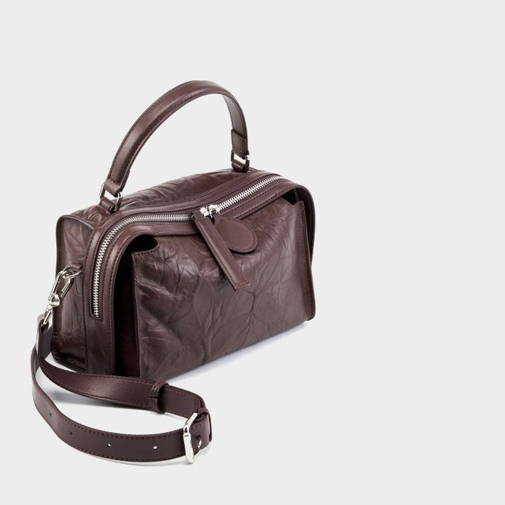 Women’s Genuine Leather Crinkled Boston Bag – Soft Shine Handheld & Crossbody