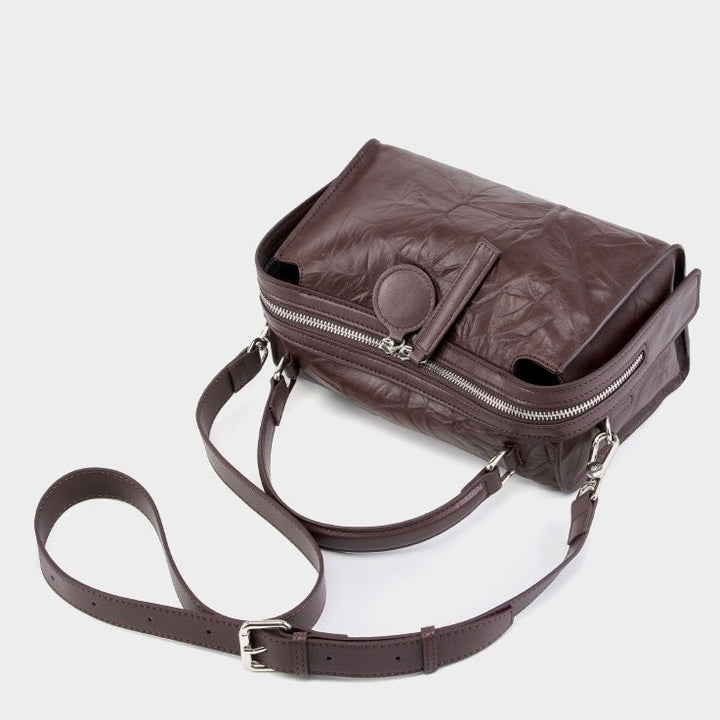 Women’s Genuine Leather Crinkled Boston Bag – Soft Shine Handheld & Crossbody