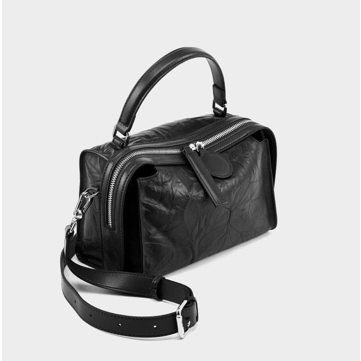 Women’s Genuine Leather Crinkled Boston Bag – Soft Shine Handheld & Crossbody