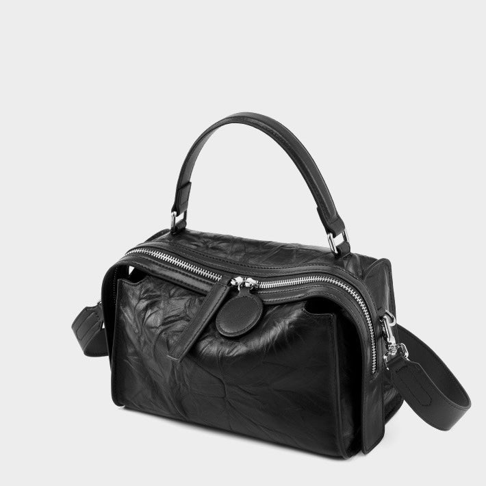 Women’s Genuine Leather Crinkled Boston Bag – Soft Shine Handheld & Crossbody