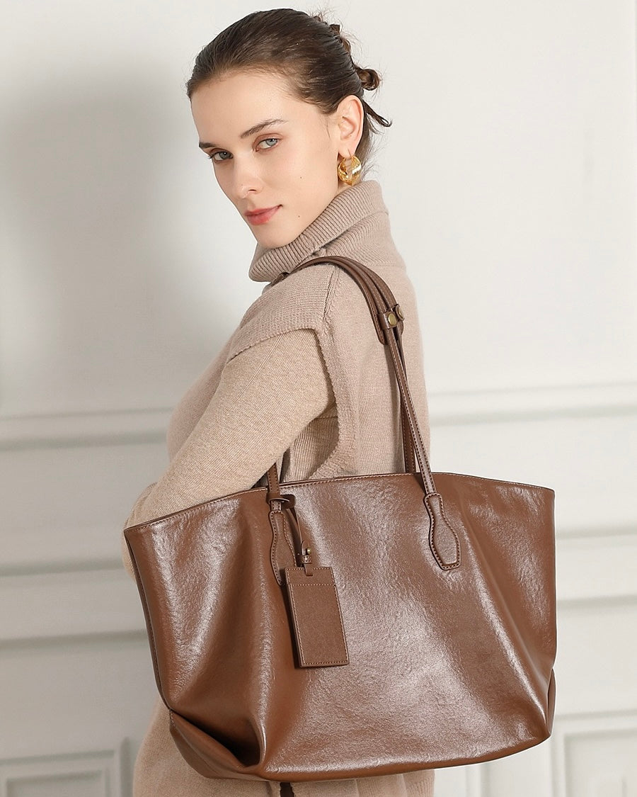 Large Vintage Leather Tote with Signature Luggage Tag