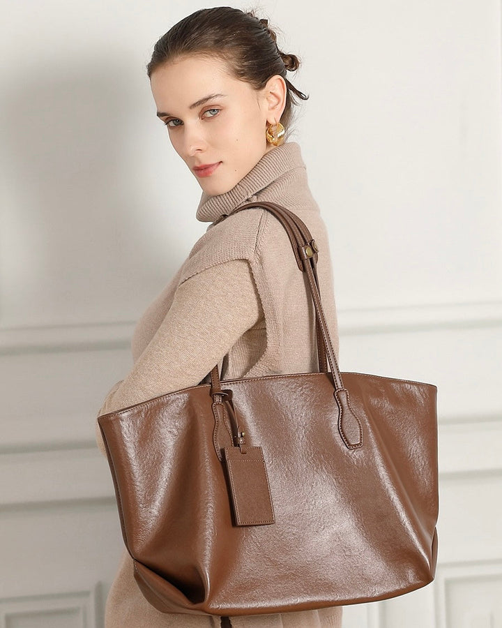 Large Vintage Leather Tote with Signature Luggage Tag