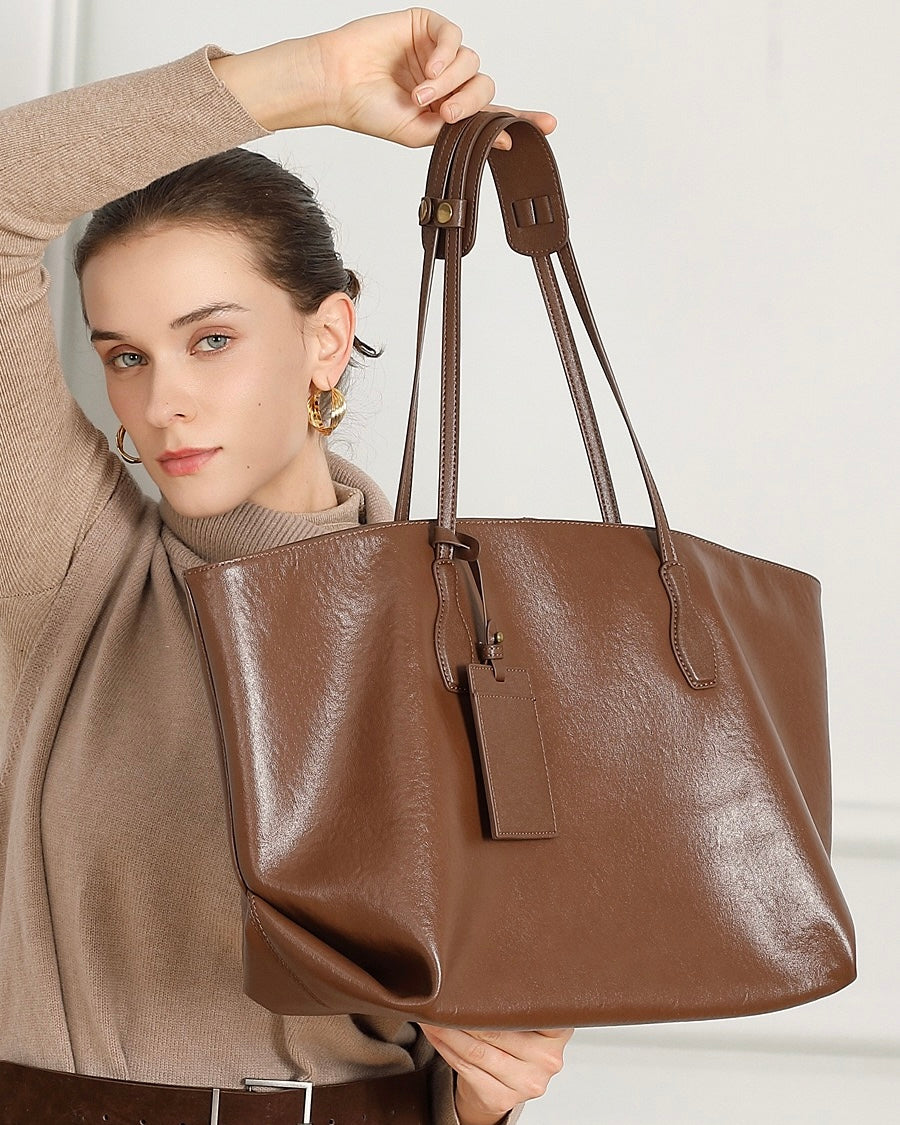 Large Vintage Leather Tote with Signature Luggage Tag