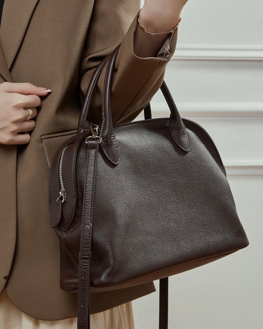 Grained Leather Dome Satchel with Dual Carry Options