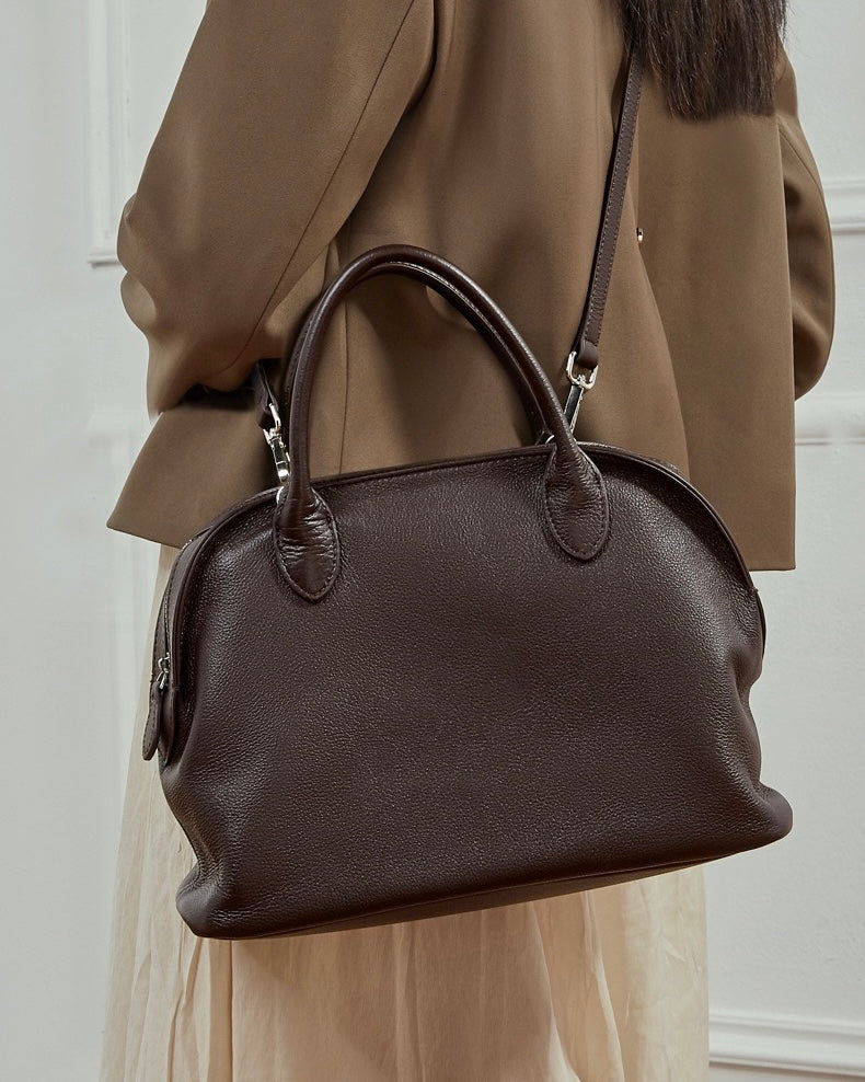 Grained Leather Dome Satchel with Dual Carry Options
