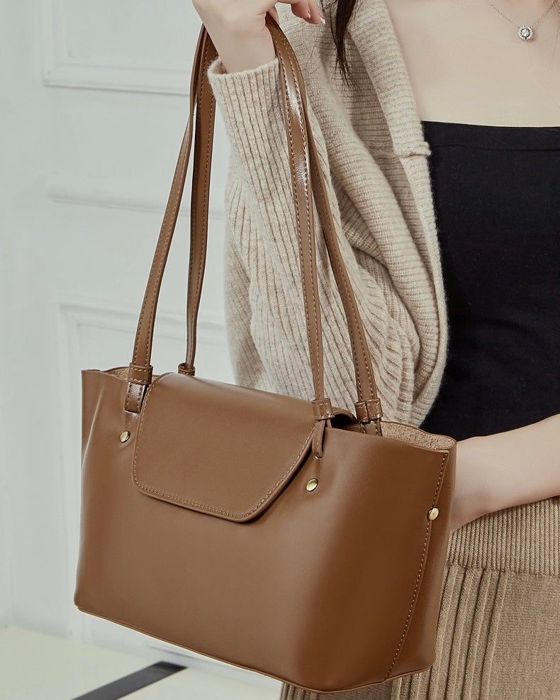 Women's Genuine Leather Flap Tote with Convertible Straps