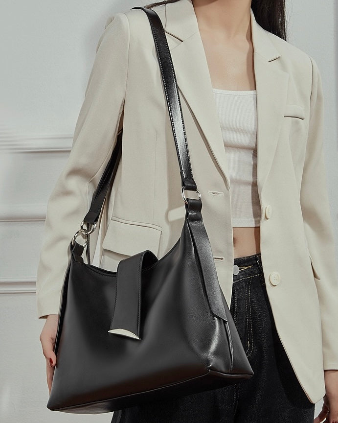 Smooth Leather Hobo Bag with Architectural Hardware & Adjustable Strap
