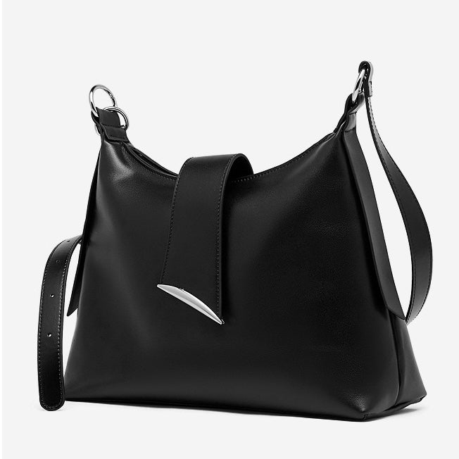 Smooth Leather Hobo Bag with Architectural Hardware & Adjustable Strap