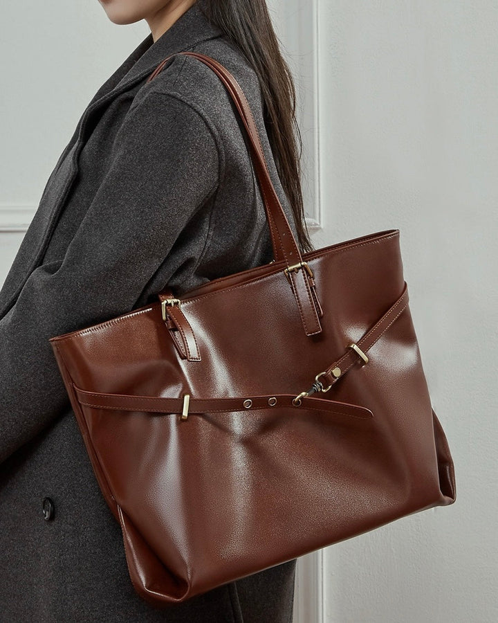 Genuine Leather Casual Tote – Large Capacity with Signature Lock Closure