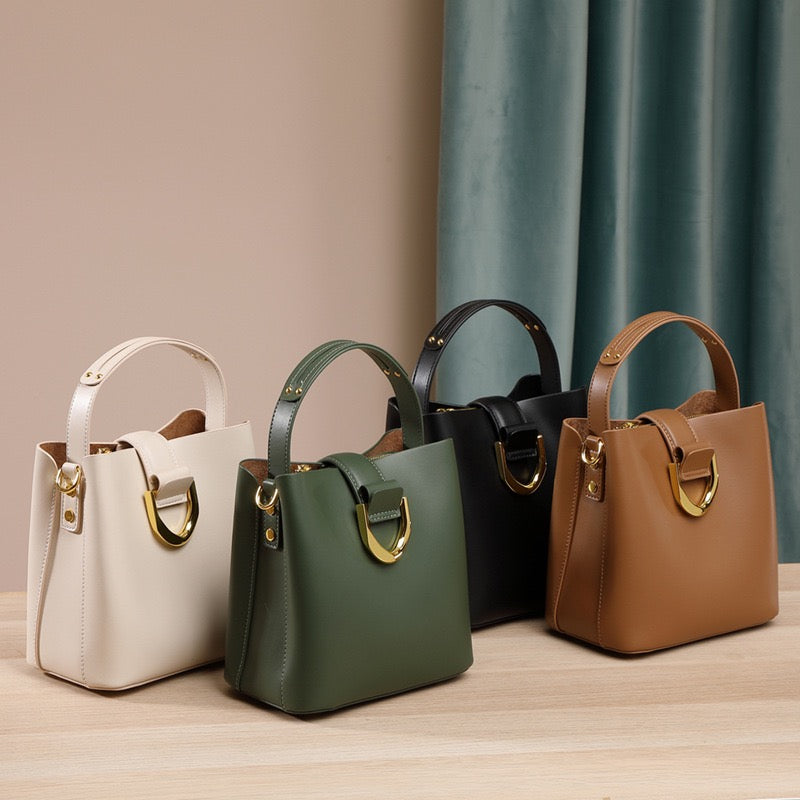 Women’s Genuine Leather Bucket Shoulder Bag – Large Capacity Crossbody for Daily Commute