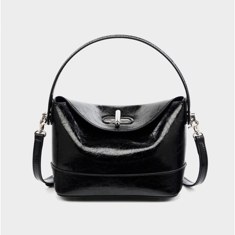 Women’s Genuine Leather Mini Bucket Shoulder Bag – Chic Turn-Lock Crossbody
