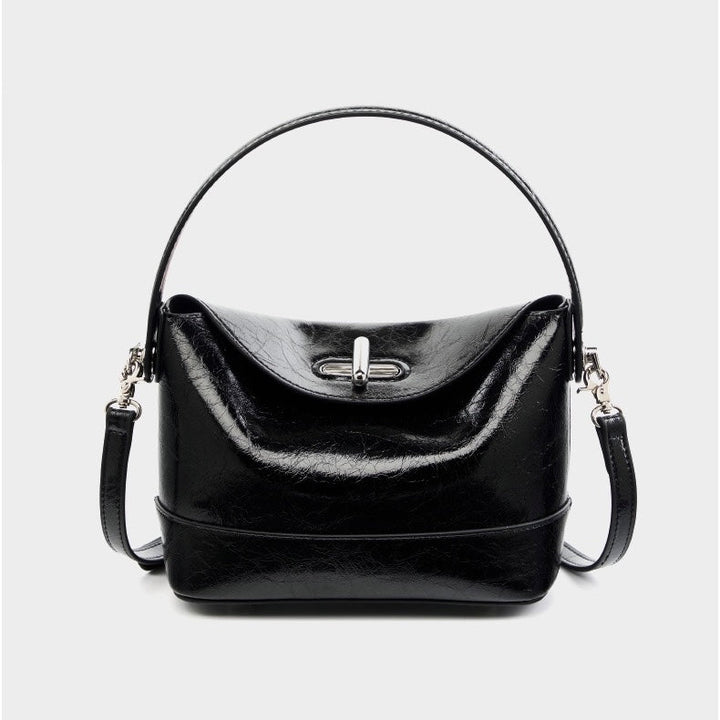 Women’s Genuine Leather Mini Bucket Shoulder Bag – Chic Turn-Lock Crossbody