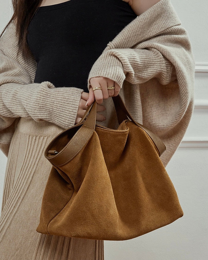 Chocolate Suede & Genuine Leather Structured Tote Bag