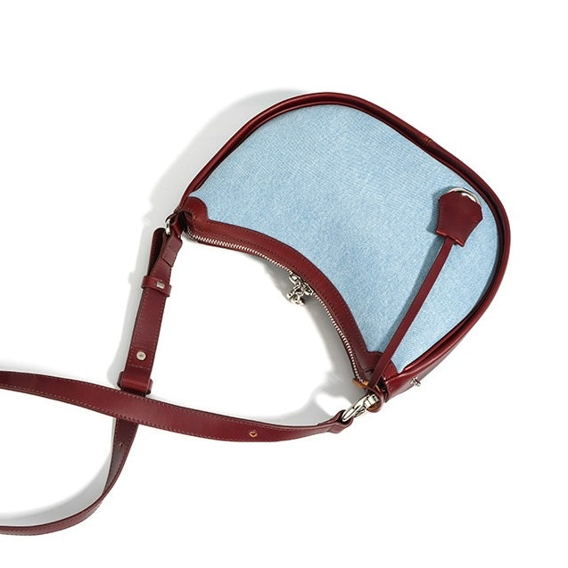 Women’s Genuine Leather & Denim Crescent Shoulder Bag – Spring/Summer Mini Edition