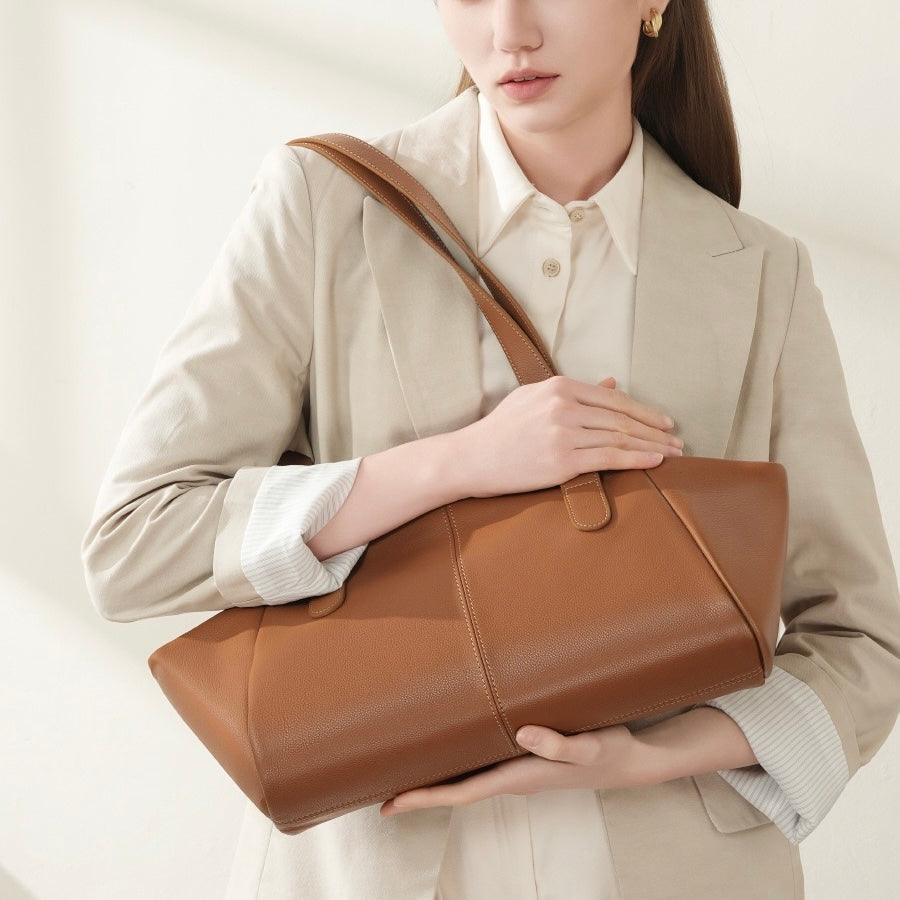 Women’s Genuine Leather Winged Pleated Tote – Minimalist Large Capacity Commuter Bag