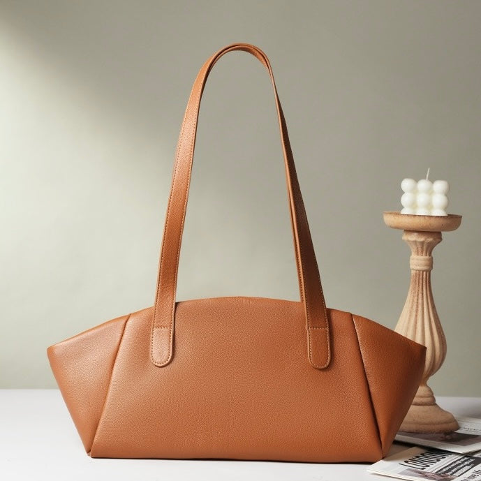 Women’s Genuine Leather Winged Pleated Tote – Minimalist Large Capacity Commuter Bag