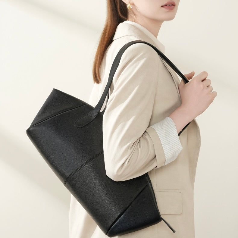 Women’s Genuine Leather Winged Pleated Tote – Minimalist Large Capacity Commuter Bag