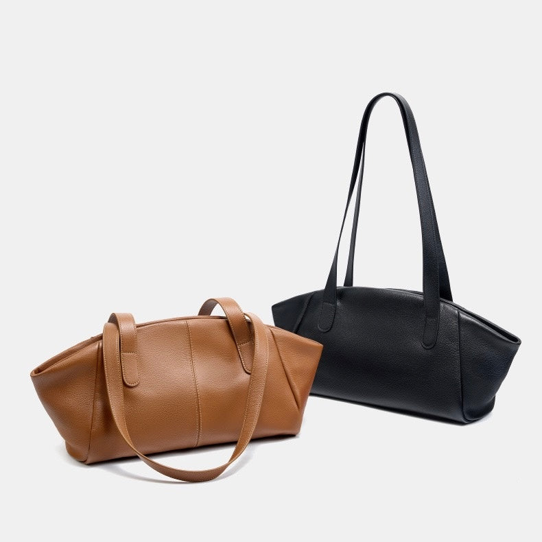 Women’s Genuine Leather Winged Pleated Tote – Minimalist Large Capacity Commuter Bag