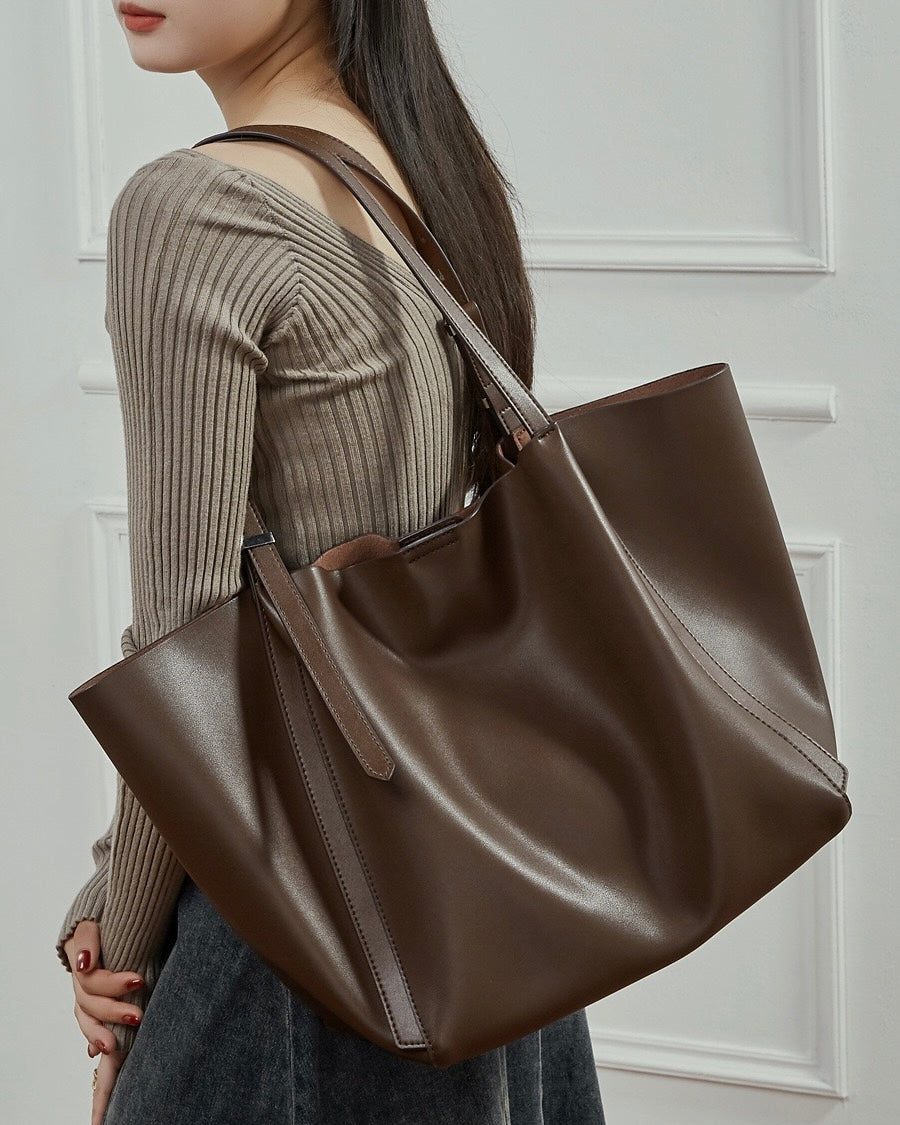 Minimalist Genuine Leather Tote – Women's Spacious Everyday Essential