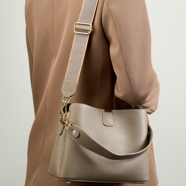 Classic Gold-Trimmed Genuine Leather Bucket Handbag