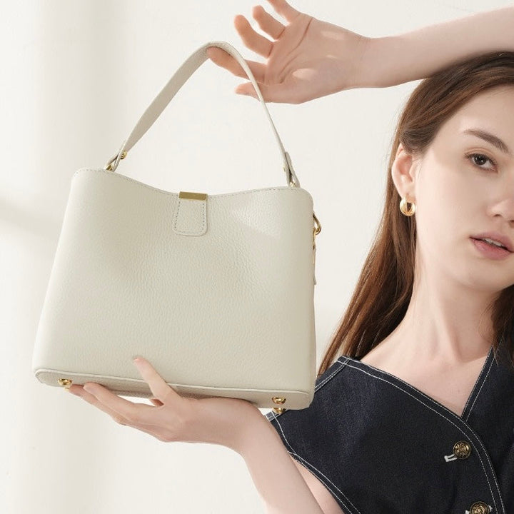 Classic Gold-Trimmed Genuine Leather Bucket Handbag